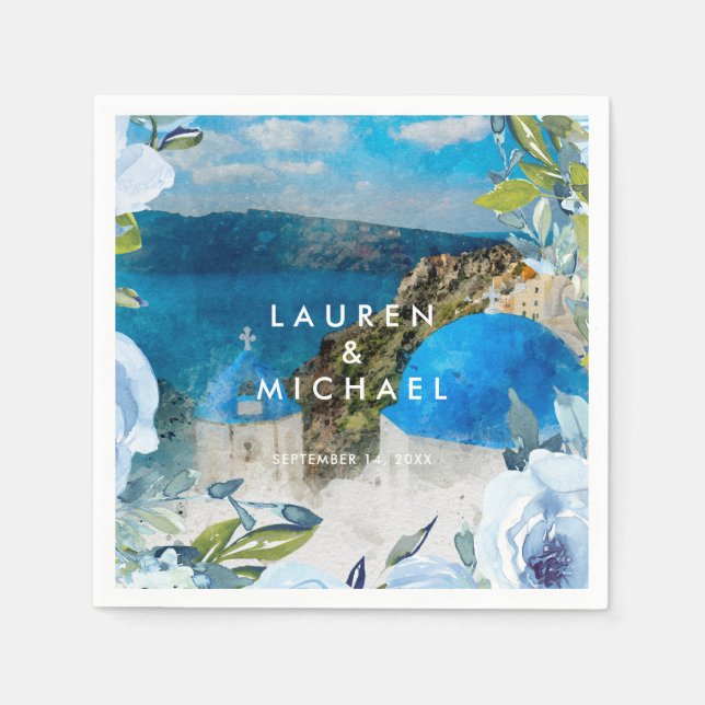 Santorini blue florals summer wedding napkins (Front)