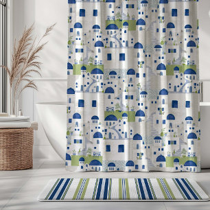 Santorini blue green grey shower curtain