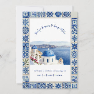 Santorini Blue Tile Watercolor Destination Wedding Invitation