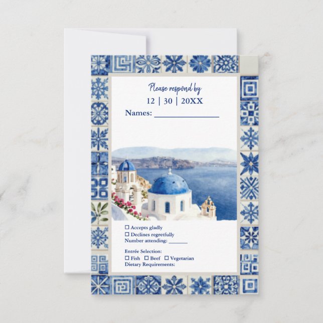 Santorini Blue Tile Watercolor Destination Wedding RSVP Card (Front)