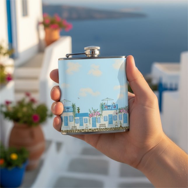 Santorini Blue White Greek Village Coastal Art Hip Flask (Creator Uploaded)