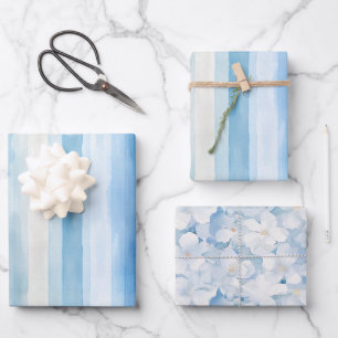 Santorini Blue White Stripes Bridal Shower Wrapping Paper Sheet