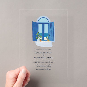 Santorini Blue Window Greek Island Wedding Acrylic Invitations