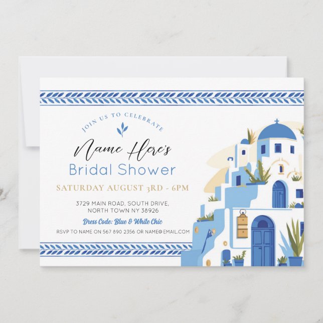 Santorini Bridal Shower Party Greek Greece Blue Invitation (Front)