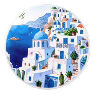 Santorini by the Sea, Greece Blue Watercolor Greek Ceramic Knob