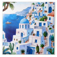 Santorini by the Sea, Greece Blue Watercolor Greek