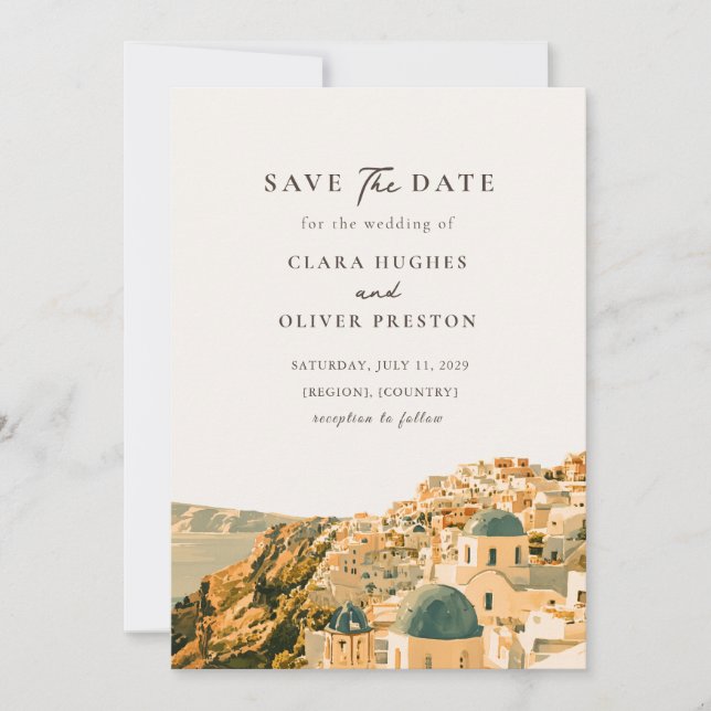 Santorini Caldera Romantic Mediterranean Wedding  Save The Date (Front)