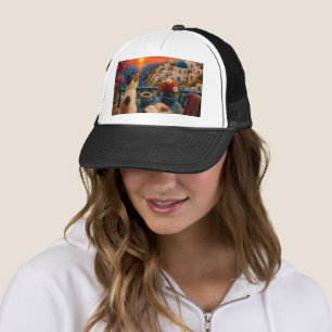 Santorini Cat Sunset Trucker Hat Mediterranean A