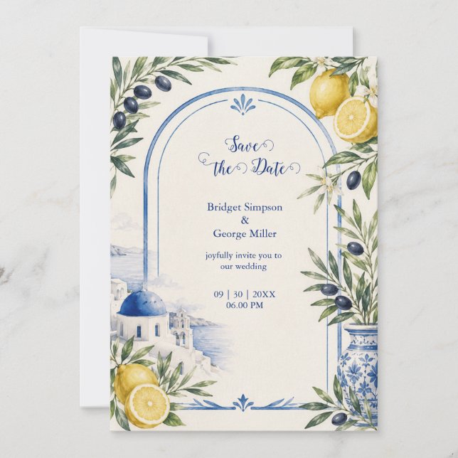 Santorini Coastal Blue Tile Watercolor Wedding Invitation (Front)