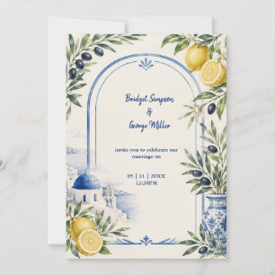Santorini Coastal Blue Tile Watercolor Wedding Invitation