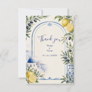 Santorini Coastal Blue Tile Watercolor Wedding Thank You Card