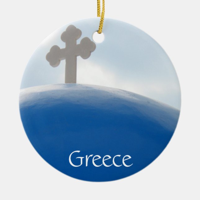 Santorini Cross in the Afternoon Sun Ceramic Tree Decoration (Front)