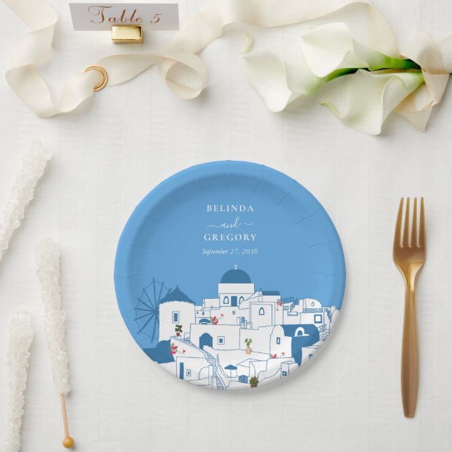 Santorini Destination Greek Island Wedding  Paper Plate (Wedding)