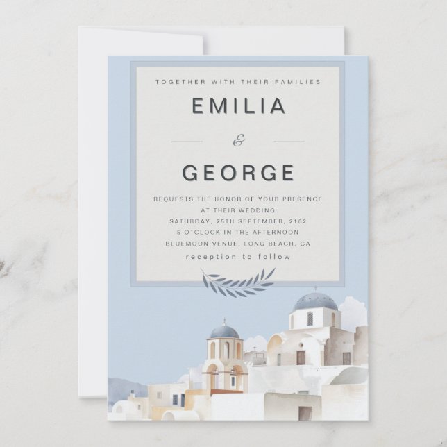 Santorini Destination Wedding | Blue & White  Invitation (Front)