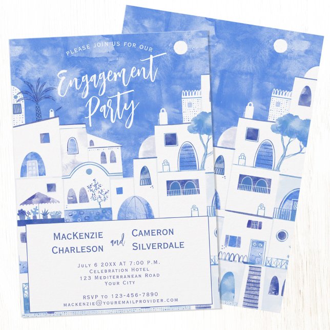 Santorini Engagement Party Invitation (Santorini Mediterranean themed blue and white Engagement party invitations with custom text)