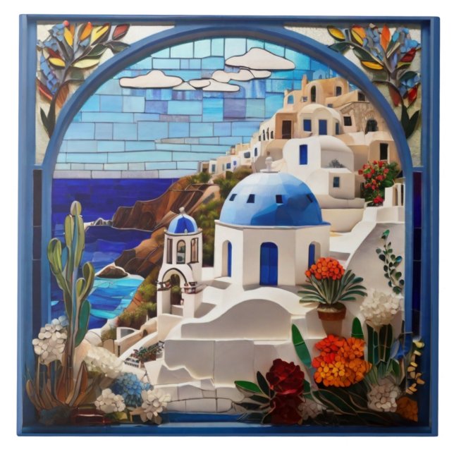 Santorini Faux Stained Glass Arch, Greece, Greek Tile (Front)