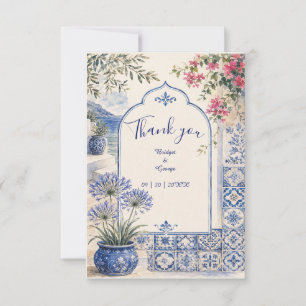 Santorini floral Blue Tile Watercolor wedding Thank You Card