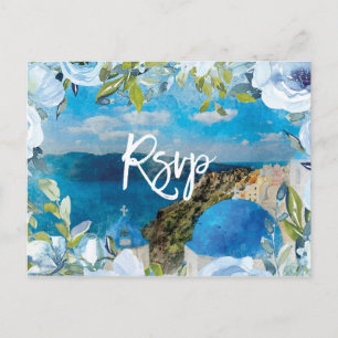 Santorini floral summer wedding rsvp postcard