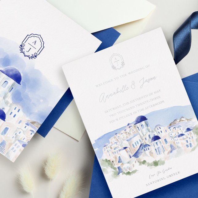 Santorini Greece Architecture Watercolor Wedding (Santorini Greece Architecture Watercolor Wedding Foil Invitation)