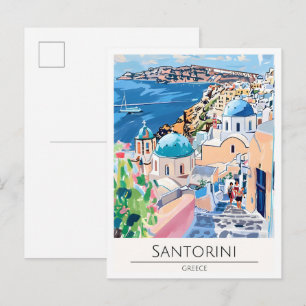 Santorini Greece Art Illustration Travel Postcard