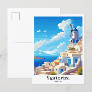 Santorini Greece Art Vintage Travel Illustration Postcard