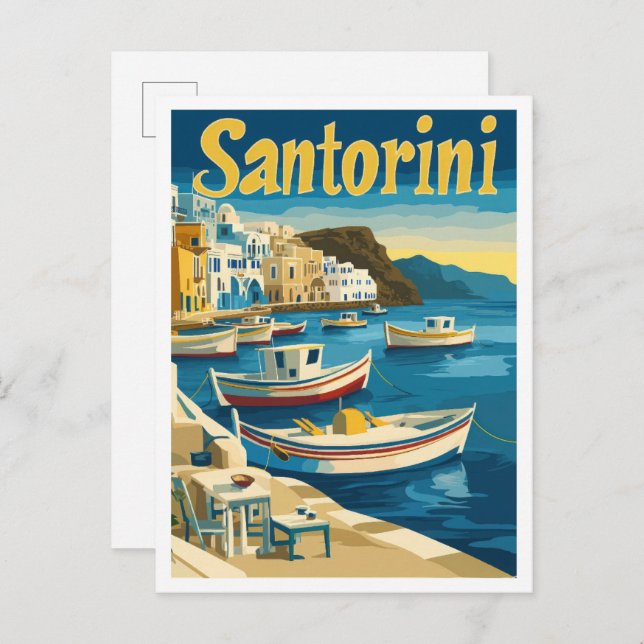 Santorini Greece Art Vintage Travel Illustration Postcard (Front/Back)