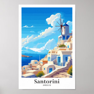 Santorini Greece Art Vintage Travel Illustration Poster