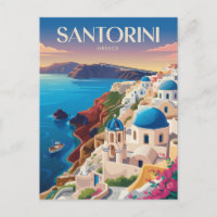 Santorini Greece Blue Dome Travel Art Vintage