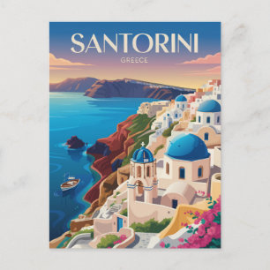 Santorini Greece Blue Dome Travel Art Vintage Postcard