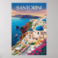 Santorini Greece Blue Dome Travel Art Vintage