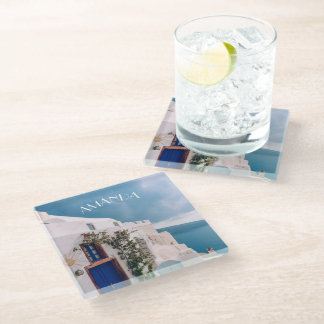 Santorini Greece - blue door at santorini greece Glass Coaster