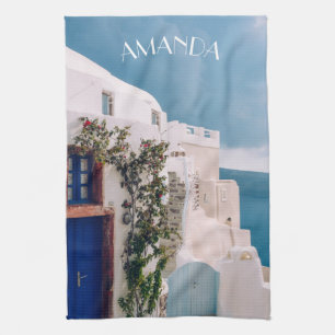 Santorini Greece - blue door at santorini greece Tea Towel