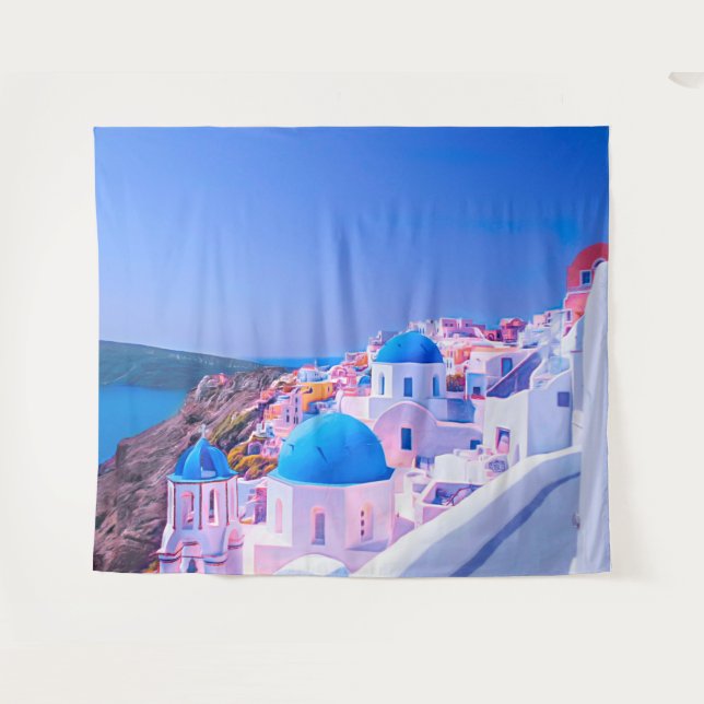 Santorini Greece Blue Island Photo Booth Backdrop Tapestry (Front (Horizontal))