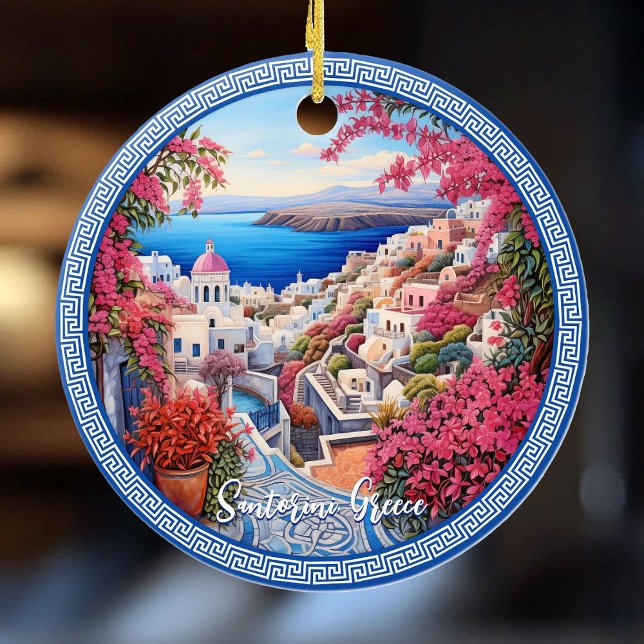 Santorini Greece Bougainvillea Painting Travel Art Ceramic Tree Decoration (Santorini Greece Bougainvillea Painting Travel Art Ceramic Ornament)