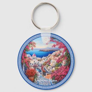 Santorini Greece Bougainvillea Painting Travel Key Ring