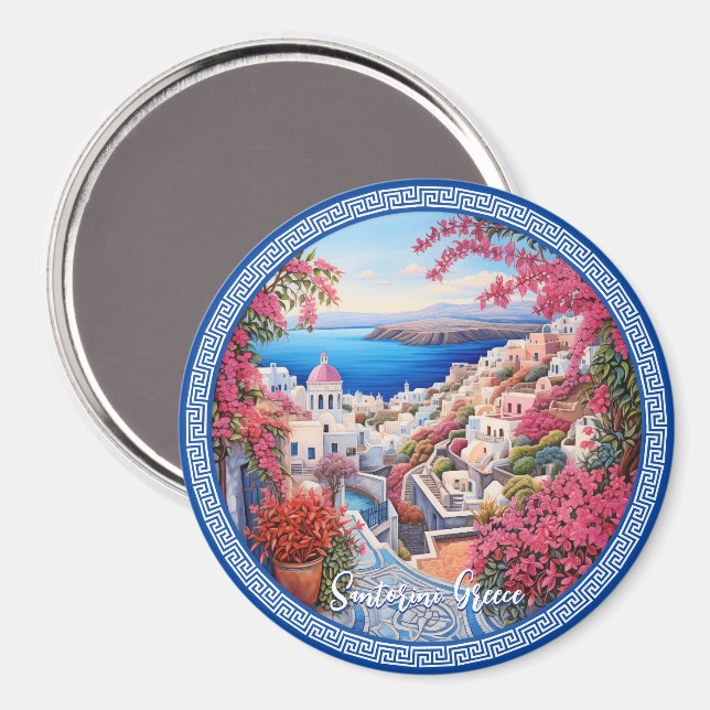 Santorini Greece Bougainvillea Painting Travel Magnet (Front/Back)