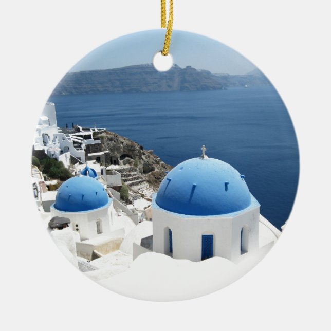 Santorini Greece Ceramic Tree Decoration (Front)