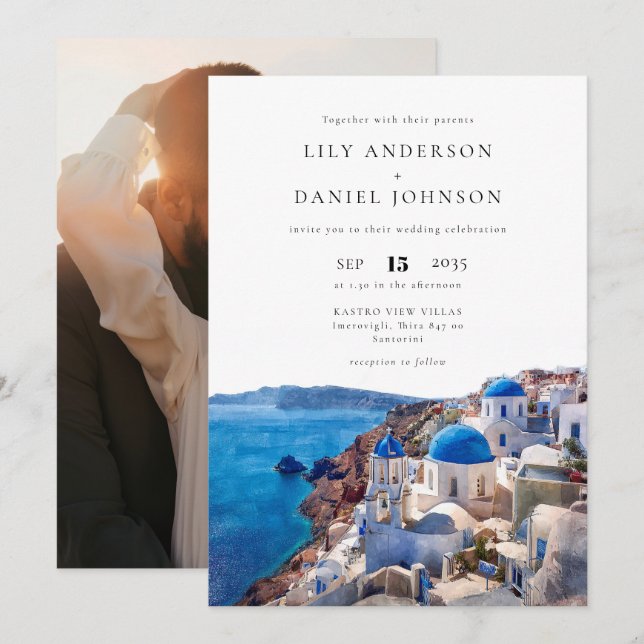 Santorini Greece Destination Photo Wedding Invitation (Front/Back)