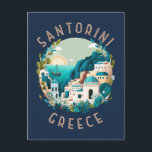 Santorini Greece Distressed Circle Postcard<br><div class="desc">Santorini Greece illustration in a circle with distressed text. Santorini is instantly recognisable for its whitewashed,  cube-shaped buildings adorned with blue accents,  steep cliffs and tangerine sunsets that light up the sky and sea.</div>