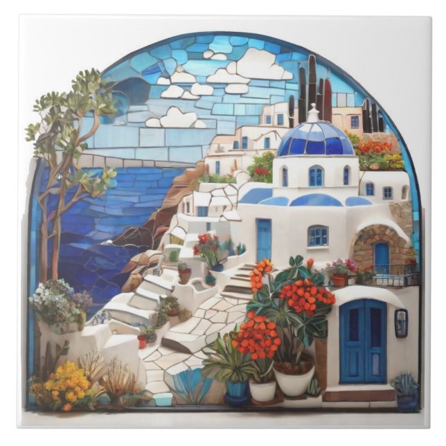 Santorini Greece Faux Mosaic Arch, Greek Village Tile (Front)