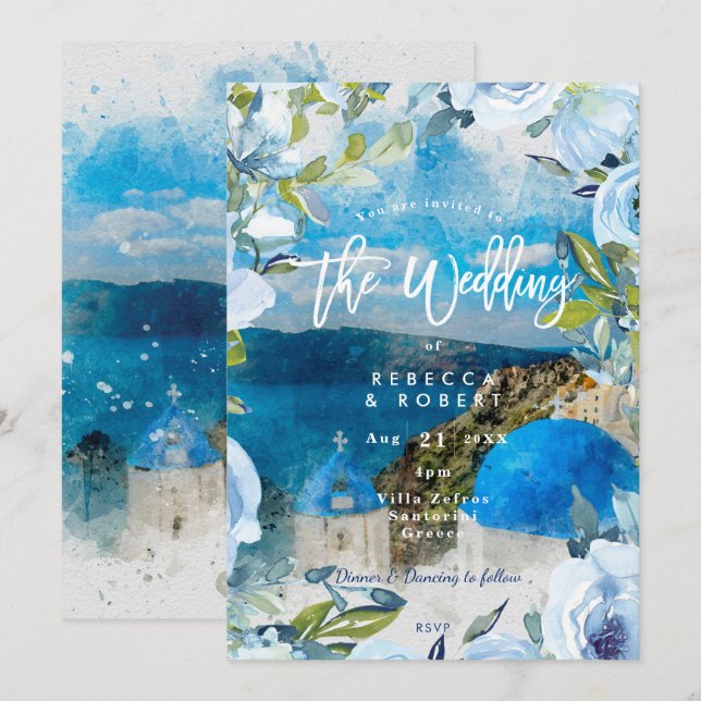 Santorini Greece floral summer wedding invitation (Front/Back)