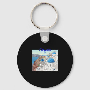 Santorini Greece Greek Flag Vacation Art Blue Dome Key Ring