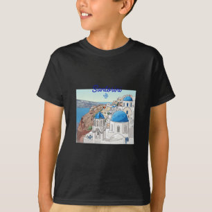 Santorini Greece Greek Flag Vacation Art Blue Dome T-Shirt