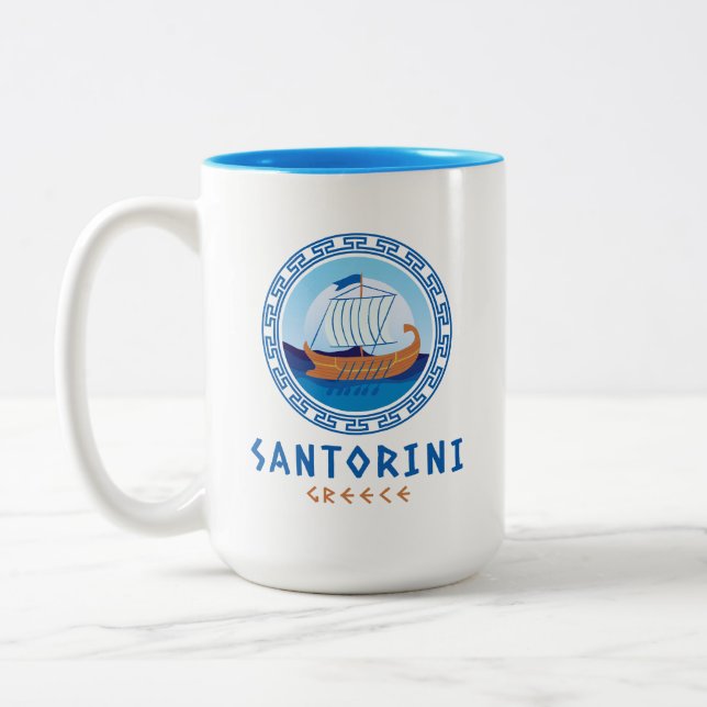 Santorini, Greece Greek Ship Design Two-Tone Coffee Mug (Left)