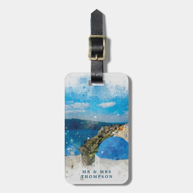 Santorini Greece holiday wedding luggage tag label (Front Vertical)