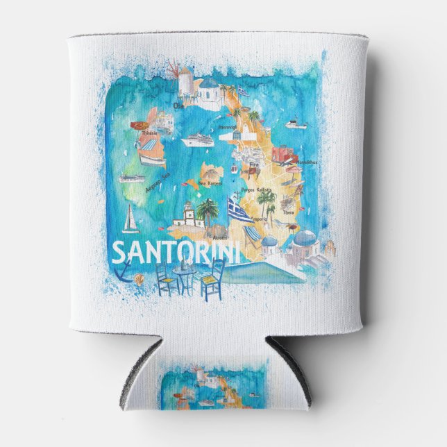 Santorini Greece Illustrated Map with Main Roads Can Cooler (Front)