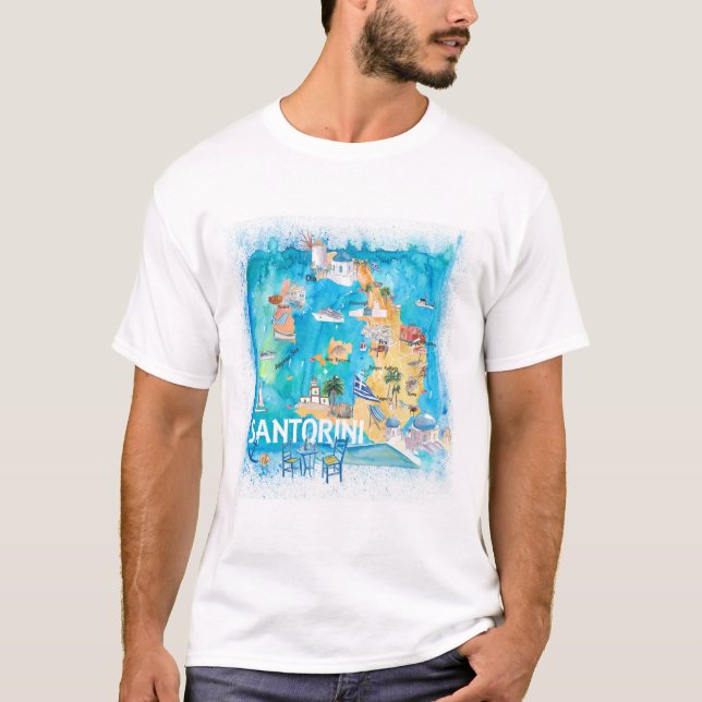 Santorini Greece Illustrated Map with Main Roads T-Shirt (Front)