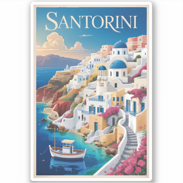 Santorini Greece Illustration Travel Art Vintage (Front)