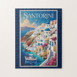 Santorini Greece Illustration Travel Art Vintage Jigsaw Puzzle
