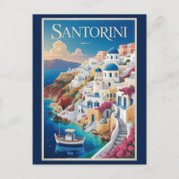 Santorini Greece Illustration Travel Art Vintage